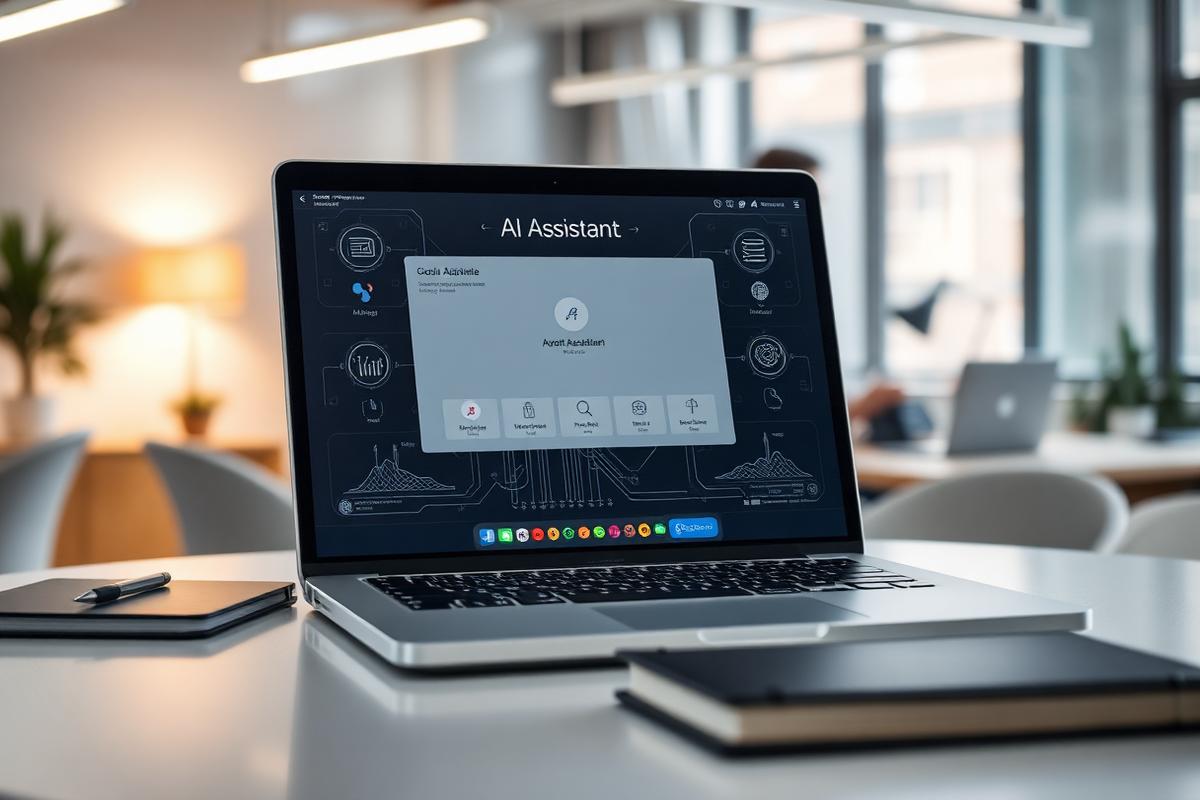 A laptop showing an AI assistant interface on a desk in a bright modern office
