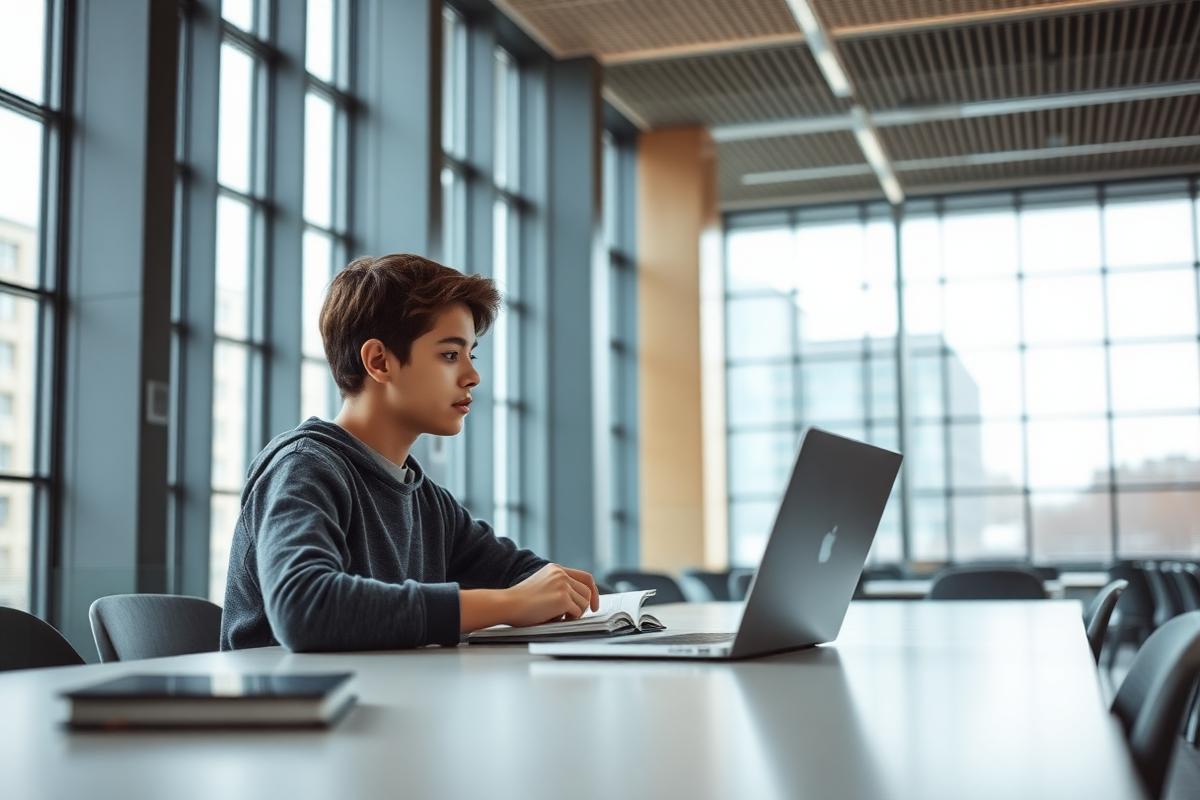 A student working at a laptop beside tall windows in a bright modern library
