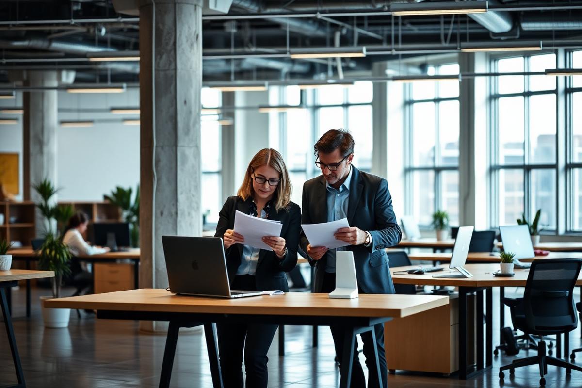 Two colleagues reviewing printed notes together at a standing desk in a bright workspace