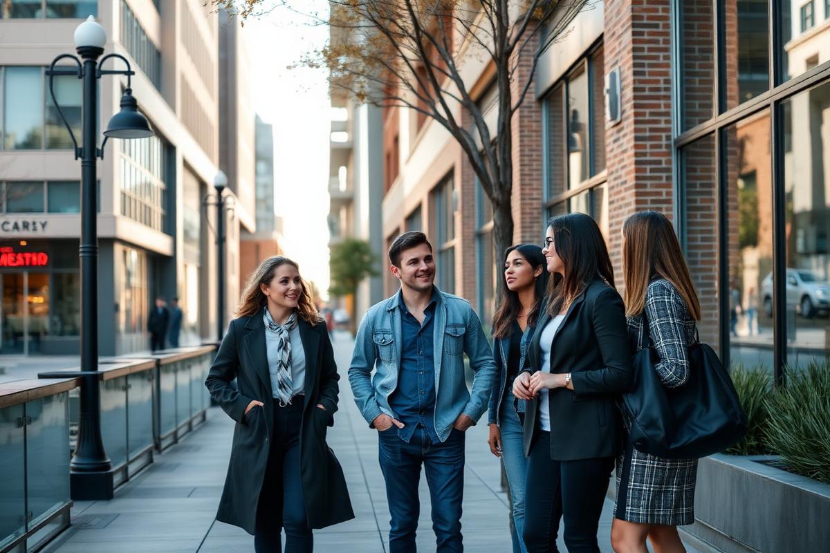 A small group of young professionals talking on a modern city sidewalk in the morning