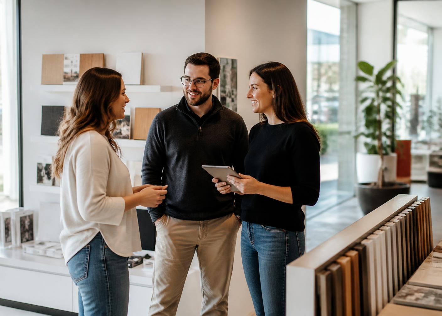 Two brand representatives in conversation with a customer inside a bright modern retail space