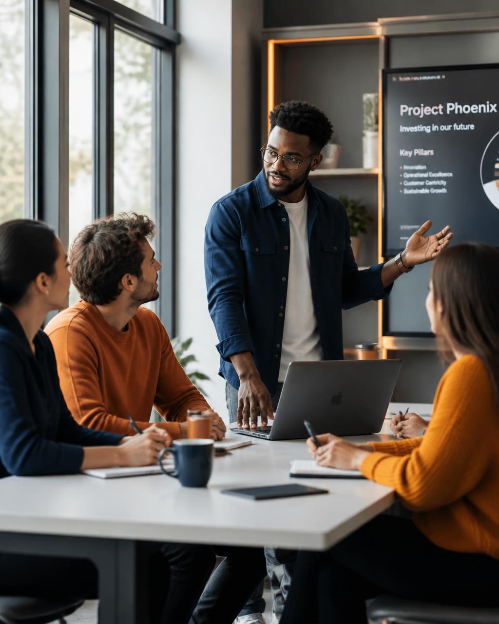A team of professionals in a coaching conversation around a laptop