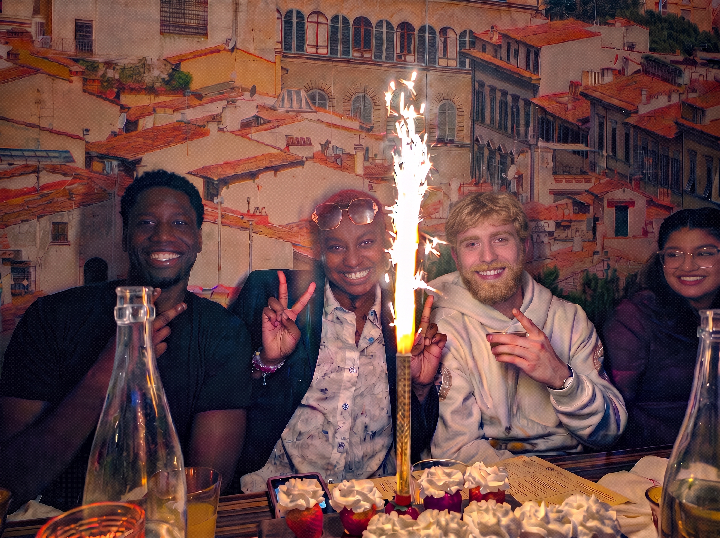 Team celebrating with sparklers at a dinner table