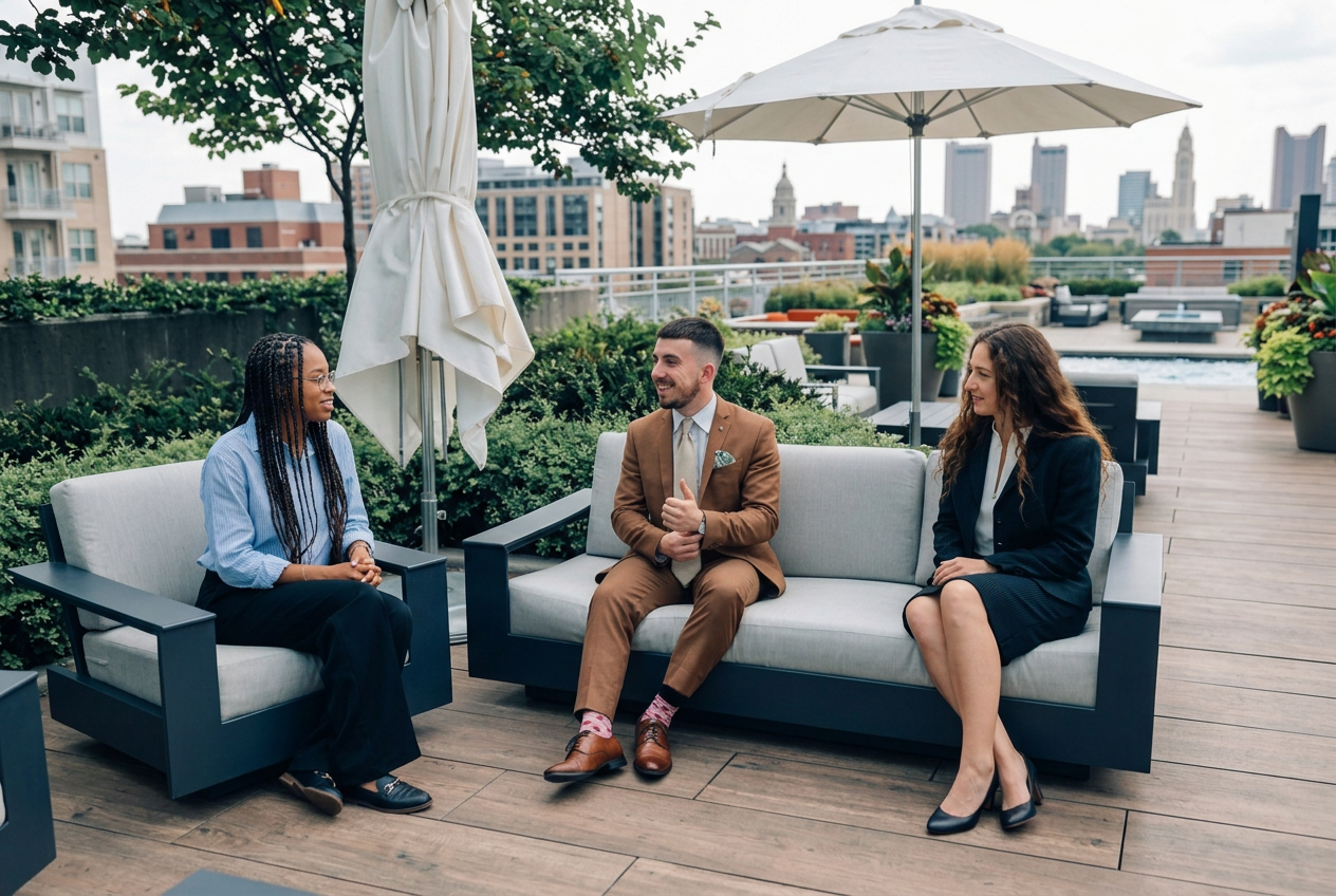 Three Forge Columbus teammates collaborating outdoors on a rooftop in Columbus